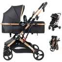 PEARLOVE 2 in 1 Baby Stroller Newborn Foldable Pushchair Folding High Landscape Infant Carriage, Toddler Pushchair Black Baby Stroller