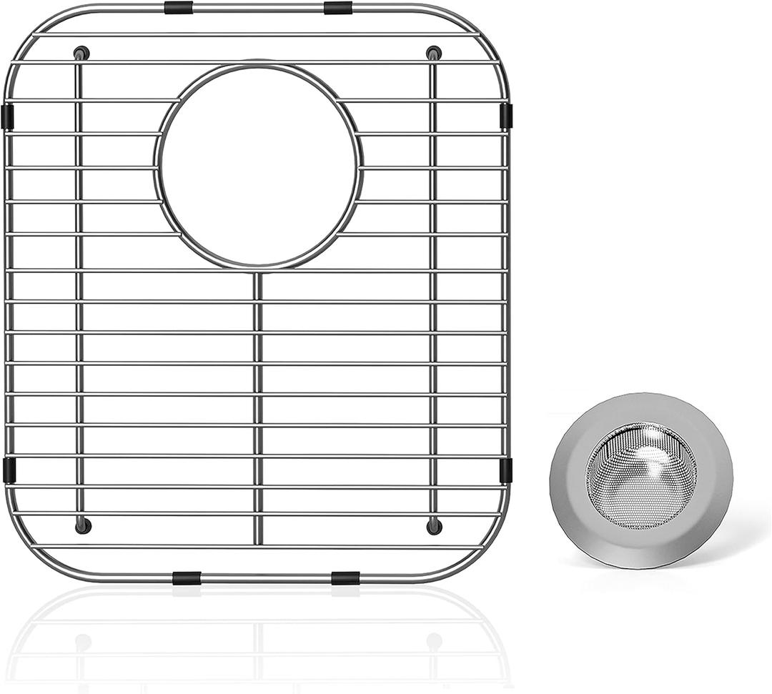 Stainless Steel Universal Sink Protector - 13.1" x 11.6" x 1" Grid With Rear Drain and Sink Strainers