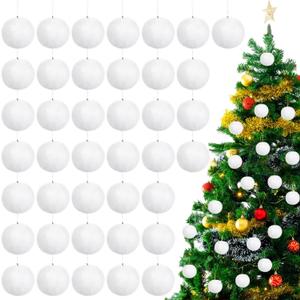 Nuenen 48 Pcs 3.15 Inch White Furry Christmas Ball Ornaments Christmas Pom Poms Ornaments Faux Rabbit Fur Balls Bulk Fluffy Snowball Hanging Decoration with Clasp Cord for Xmas DIY Craft Hat