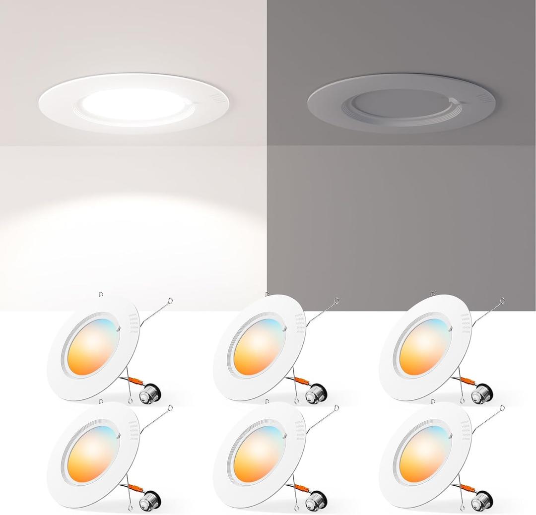 Amico 6 Pack 5/6 Inch LED Recessed Lighting, Retrofit Can Lights with Baffle Trim, Surface Ring 5CCT Selectable (2700K/3000K/4000K/5000K/6000K), Dimmable, 12.5W=100W, 950LM, IC Rated, ETL & FCC