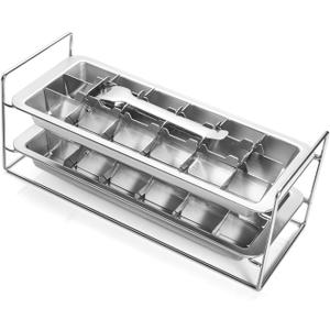 Stainless Steel Ice Cube Tray 2 Pack, 36 Large Cube Slots. Plastic Free Eco Friendly Freezer Mold W/Easy Release Lever. Stackable Retro Inspired Old Fashioned Vintage Ice-Making
