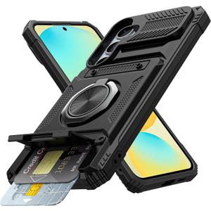 Vofolen for Samsung Galaxy S24 FE Case with Card Holder [Store 2 Cards] +360 Rotated Ring Kickstand Dual Layer Heavy Duty Shockproof Wallet Cover for Galaxy S24 FE Case for Women Men, Black