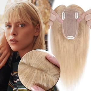 MY-LADY Human Hair Toppers for Women Real Human Hair with Bangs Thin 7 * 13CM Silk Base with Lace Clip in Remy Hairpieces 150% Density 12 Inch Natural Blonde