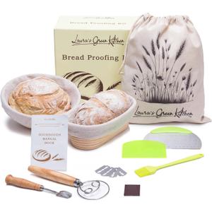 Laura's Green Kitchen Complete Sourdough Starter Kit  Sourdough Bread Baking Supplies with 2 Banneton Bread Proofing Basket, Linen Liners, Bread Lame, 5 Bread Blade for Scoring Dough, Scraper & More