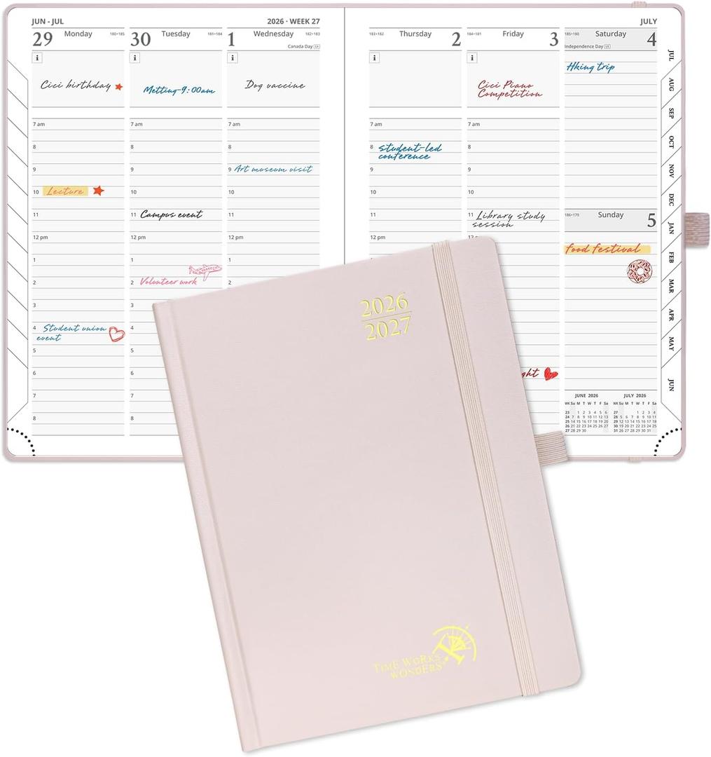 POPRUN 2026-2027 Academic Planner, 6.5" x 8.75", Weekly and Monthly Calendar, July 2026 to June 2027, Hardcover Appointment Book with Verital Layout, Hourly Time Slots, Monthly Tabs - Light Pink