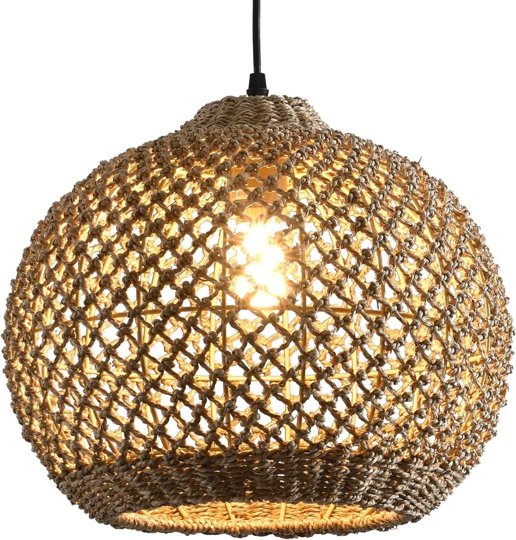 Rattan Pendant Light Fixture,13.79" Boho Rattan Kitchen Island Seagrass Lighting, Hand Woven Coastal Wicker Chandelier,for Farmhouse Dining Room Entryway Foyer 1-Light