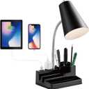 HonoDing E26 Desk Lamp with 1 USB Charging Port and 1 AC Outlet, Organizer Base, Adjustable Neck, On/Off Switch, Modern Table Lamp for Reading, Working, Studying(Black)