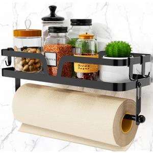 Taozun Paper Towel Holder with Shelf, Kitchen Paper Holder Spice Rack Black Paper Towel Roll Holder RV Paper Towel Rack with 4 Hooks(2 Installation Methods - Self-Adhesive and Drilling)
