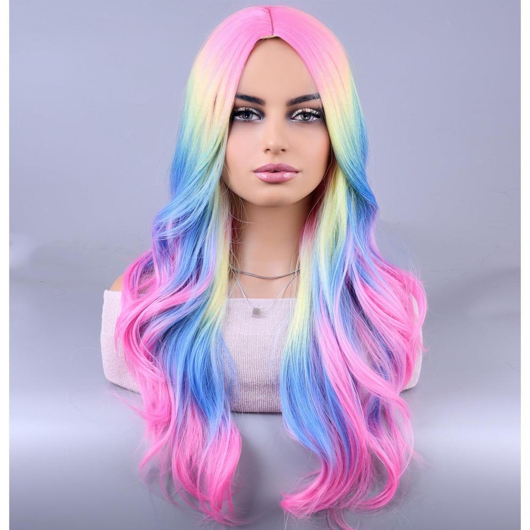MAGQOO Rainbow Long Curly Wavy Wig Colorful Fun Wigs for Women Girls Middle Part Synthetic Halloween Cosplay Party Wig