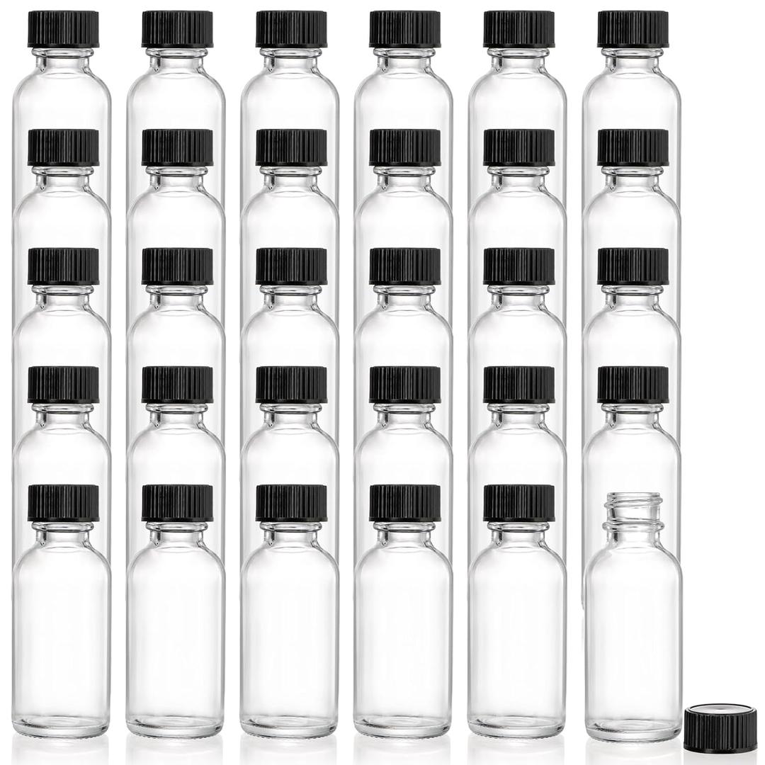 Bekith 30 Pack Boston Round Glass Bottle with Black Cap, 1 oz (30ml) Clear Glass Bottles Small Travel Bottle 