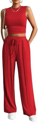 HBQ Women Summer 1 Piece Outfit Wide Leg Sweatpants Tracksuit Lounge Sets-M-Red, M