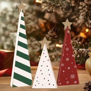 Sereliy 3PCS Wooden Christmas Tree Table Decor Red Green White Wooden Tree Sign with Star for Christmas Home Shelf Mantel Fireplace Party Decor (Pattern)