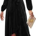 Women's Velvet V Neck Puff Sleeve Dress for Wedding Guest Cocktail Elegant Bodycon Party Midi Dress (Black, XL)