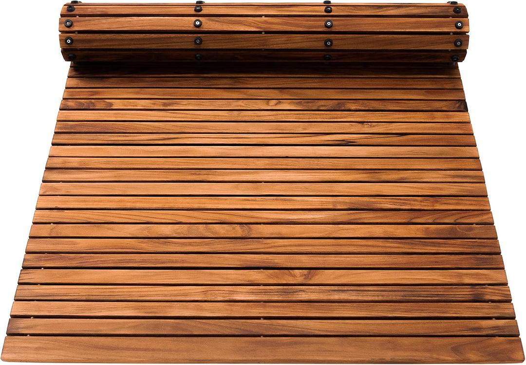 Nordic Teak 100% Solid Teak Wood String Mat - Indoor and Outdoor Use - Non-Slip Wooden Platform for Sauna, Pool, Hot Tub Flooring Decor and Protector (Oiled Finish, 59" x 35", Rectangular)