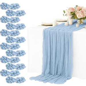 12 Pack Dusty Blue Cheesecloth Table Runners 10FT Long – 35 x 120 Inch Boho Gauze Table Runners for Engagement, Wedding, Baby Shower & Home Decor – Soft Wrinkled Polyester Fabric