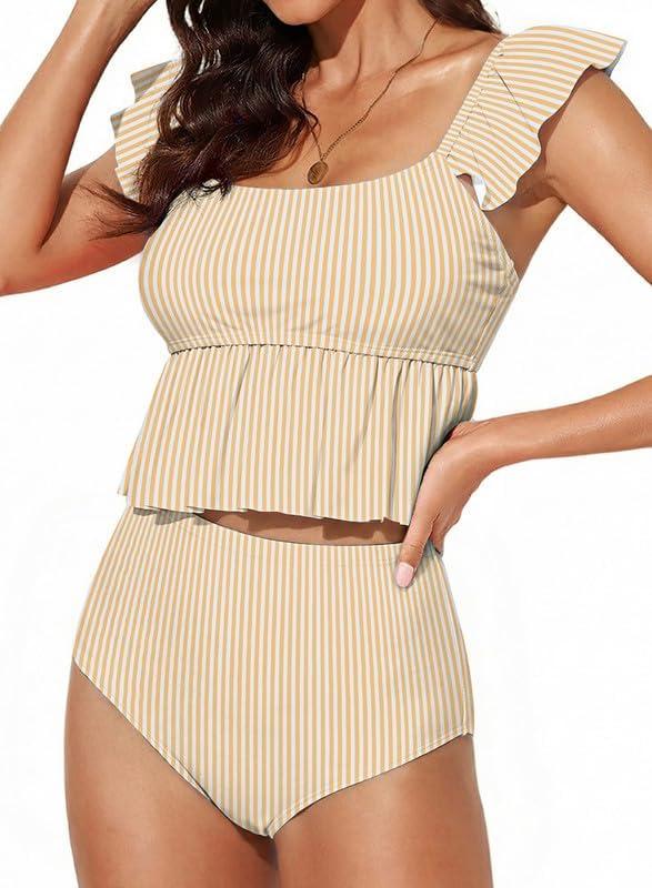 Dokotoo Two Piece Tankini Swimsuits for Women 2026 Square Neck Ruffle Cap Sleeve Bathing Suits Striped Swim Suits, Large, Yellow Stripe