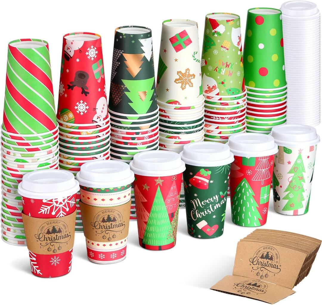48 Sets/144 Pcs 16 oz Christmas Disposable Coffee Cups with Lids and Sleeves Red and Green Paper Cups for Merry Christmas Party 12 Designs Xmas Dinner Coffee Drinking Hot Cocoa Winter Holiday
