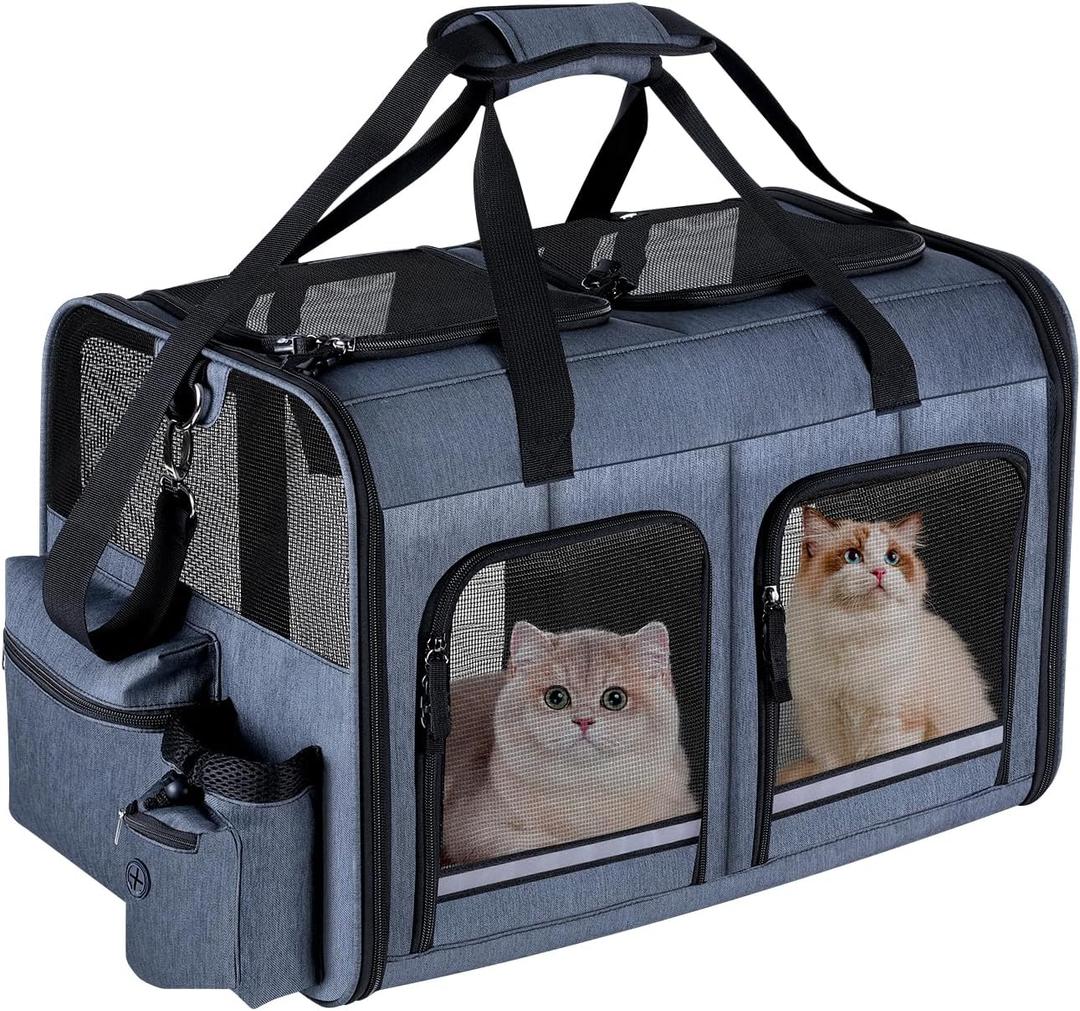 Cat Carrier for 2 Cats, Foldable Double Cat and Dog Carrier, Small to Medium Size, 2 Front Zippered Compartments, Two Pets Carrier for Outdoor Travel,Mulitple Cat Carrier, Grey