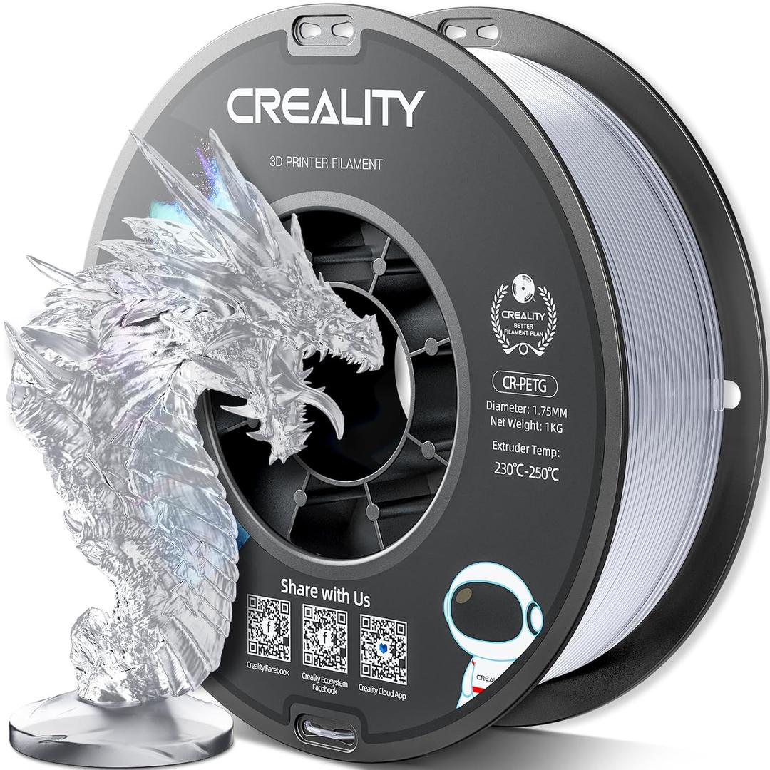 Official Creality PETG 3D Printer Filament 1.75mm 1KG (2.2lbs), High Precision Strong Toughness, Odorless Better Flow, Moistureproof 3D Printing CR Ender Filament, Transparent