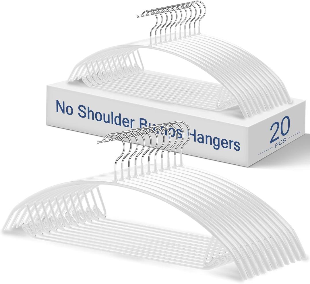 Heavy Duty Hangers 20 Pack - No Shoulder Bump Non-Slip Rubber Coating Contour Metal Hangers for Sweaters, Coats & Clothes, 15 lbs Weight Capacity, Non-Slip, 16.5 Inch(White)