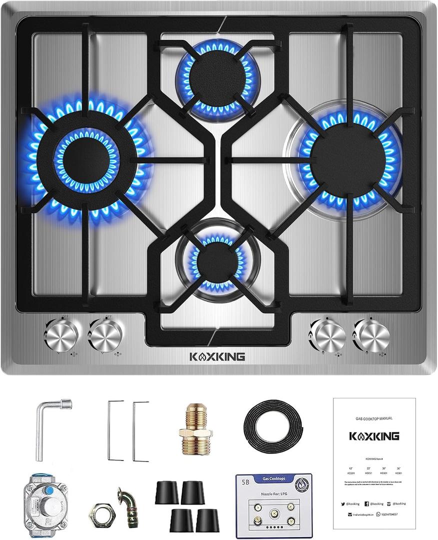 24 Inch Gas Cooktop, Built-In 4 Burner Gas Stove Top, NG/LPG Convertible Stainless Steel Cooktop with Thermocouple Protection, Sealed Burners, 4B-24 inch - Standard
