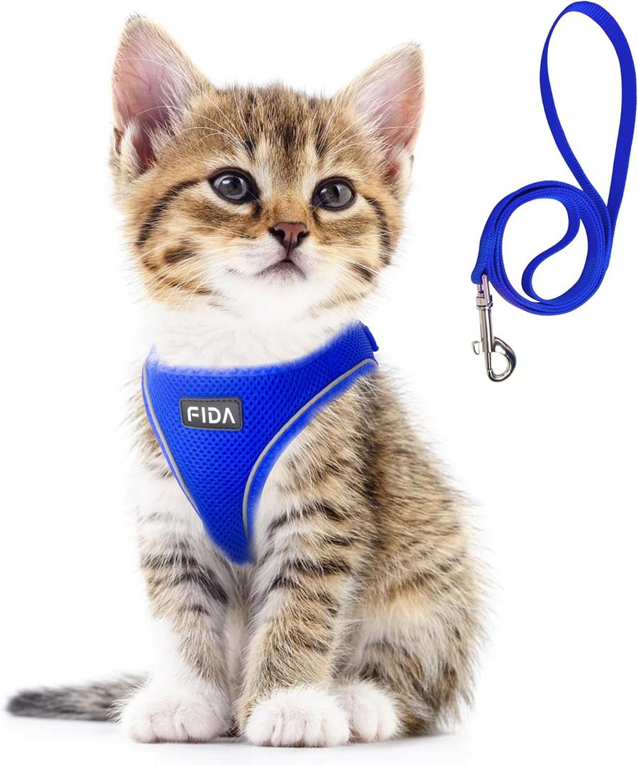 Fida Cat Harness and Leash Set for Walking Kitten and Puppy, Escape Proof Kitten Harness with Breathable Lightweight Soft Mesh, Adjustable Reflective Step-in Design for Kitten and Puppy.(XXXS, Blue) (XXXS (Neck:10.2"-11.4"; Girth:11.4"-12.6"))