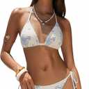 ZAFUL Bikini Sets for Women Halter Two Piece Swimsuit Ribbed High Cut Tie Side Thong Bathing Suit Sexy Padded Swimwear (White, L)