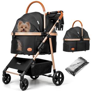 Dog Cat Stroller for Small/Medium Pets up to 50 lbs, 3-in-1 Foldable Pet Stroller with Detachable Carrier, Car Seat, Storage Basket, Cup Holder, Hanging Bag, Rain Cover, All-Terrain 4 Wheels (Black)