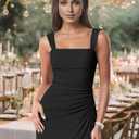 Women Sexy Mesh Tie Low Back Sleeveless Split Ruched Maxi Dress Party Cocktail Long Dress Wedding Guest Dresses (Black, L)