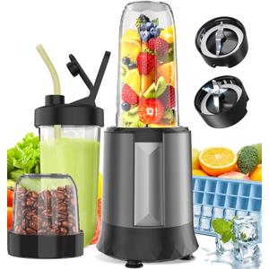 Smoothie Blender, 1300 W Upgraded Compact Personal Blender for Shakes and Smoothies, Juice, Frozen Drinks, Sauces & More, Smoothies Maker with 2 * 32 Oz To-Go Cups, 2*Spout-Lids (Grey)