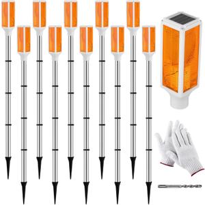 Baquler 10 Pcs Solar Powered Driveway Markers Reflective Driveway Lights Landscape Reflectors with Drill Bit Gloves for Snow Road Outdoor Yard Parking Sidewalk(Orange)