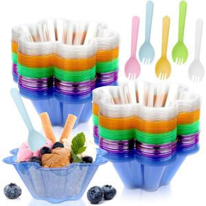 Vmiapxo 100 sets 8 oz Disposable Ice Cream Bowls and Spoons, Flower Shape Plastic Sundae Cups, Ice Cream Bar Supplies, Colorful Dessert Cups for Shaved Ice, Parfait, Strawberry, Yogurt