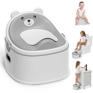 3-in-1 Potty Training Toilet, Portable Potty, Potty Training Seat and Toddler Step Stool, Easy Setup and Clean, Anti-Slip Toddler Potty Trainer for Boy Girl,Grey