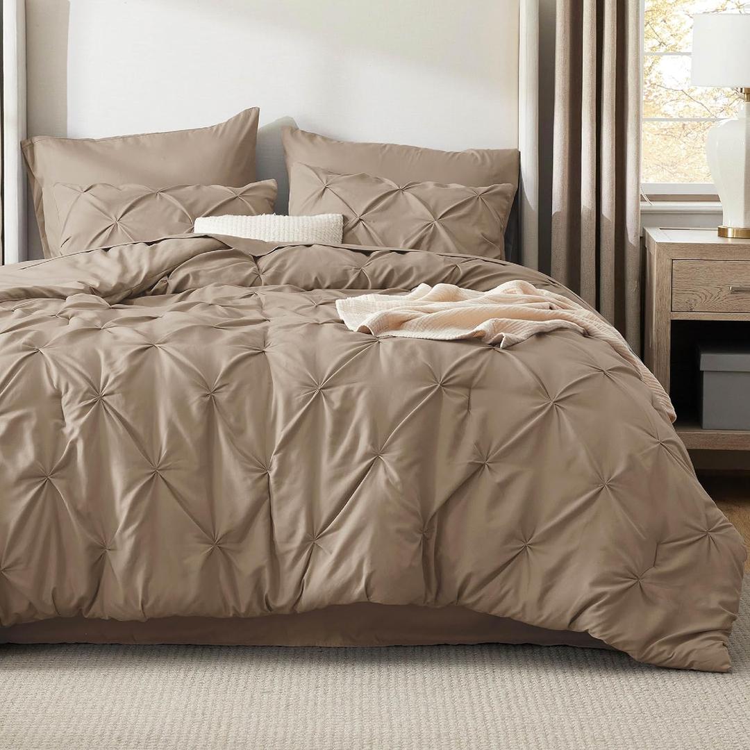 Bedsure Full Size Comforter Sets Khaki - Bed in a Bag Full Size Bedding Set 7 PCS, GentleSoft Pintuck Bed Set Gift for Family, All Season Down Alternative Comforter with Sheets, Pillowcases & Shams
