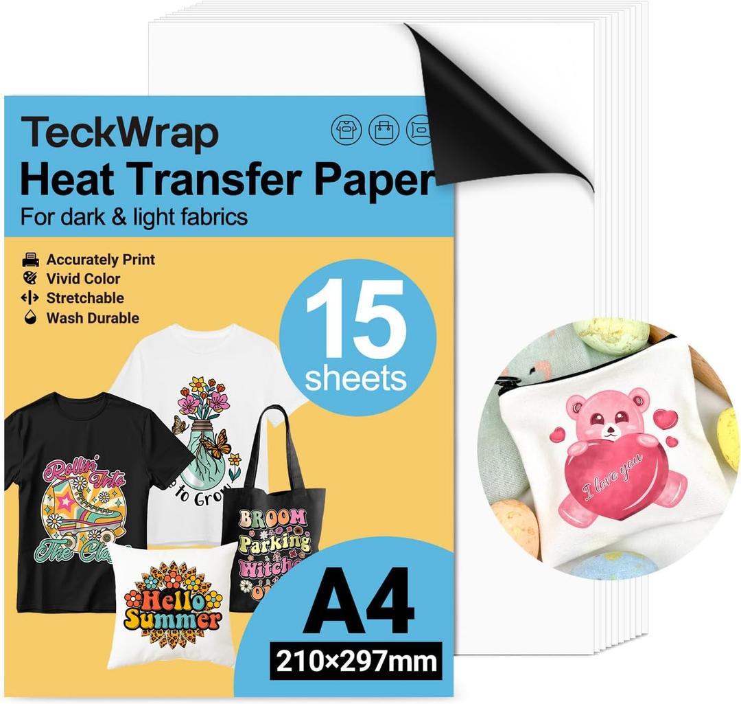 TECKWRAP Printable Heat Transfer Paper for T-Shirts 15 Sheets, 8.3" X 11.7" Printable Heat Transfer Vinyl for Inkjet Printer, Iron on Transfer Paper for Light and Dark Fabric (Matte White)