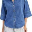 Denim Shirt Women Oversized Button Down Jean Blouse 3/4 Sleeve Casual Lightweight Short Top V Neck Shacket XXL