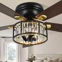 Bella Depot 52" Black Caged Crystal Ceiling Fan with Light | Antique Chandelier Fan, Low Profile Flush Mount, Remote, Quiet DC Motor, 5 Dual-Sided Blades, for Dining Living Room Bedroom