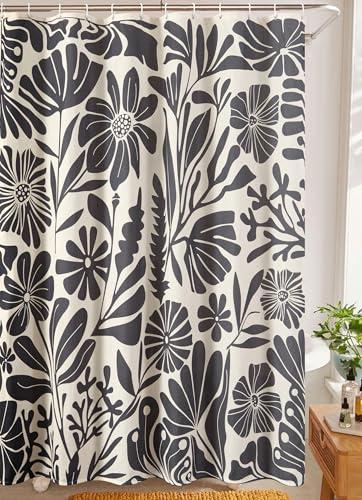RoomTalks Black Vintage Floral Faux Linen Shower Curtain for Bathroom Decor - 210GSM Heavy Duty Modern Farmhouse Country Rustic Matisse Plants Botanical Shower Curtain Set with Hooks
