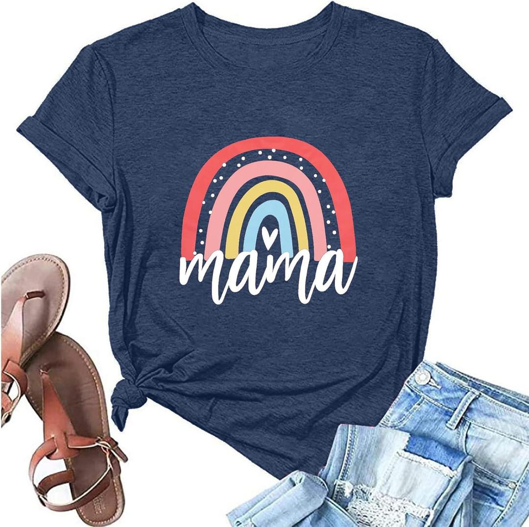 Mama Shirt Women Rainbow Mom Graphic Tshirts Short Sleeve Shirts Casual Bleached Tie Dye Tee Tops (Blue, S)