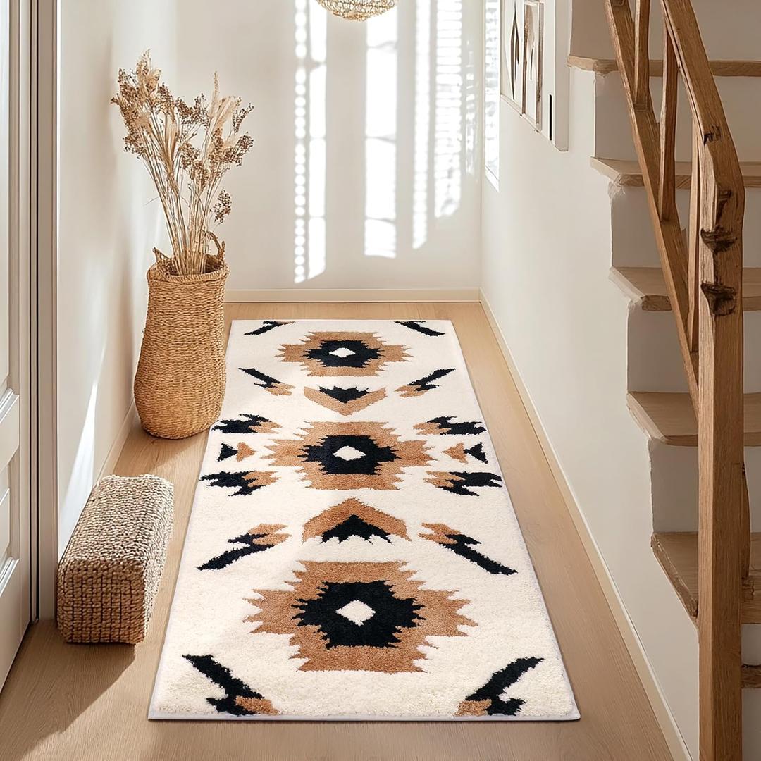 Boho Long Bathroom Rugs Runner Non Slip Washable Western Aztec Bath Mats Rugs for Bathroom Hallway Plush Soft Absorbent Farmhouse Carpet for Shower, Kitchen, 20x47 inch (1'8" x 3'11" (Rectangular), Cream)