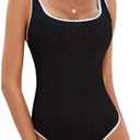 BMJL Women's One Piece Swimsuit Sports Adjustable Strap Bathing Suit Color Block Ribbed High Cut Swimsuits, XL, Black
