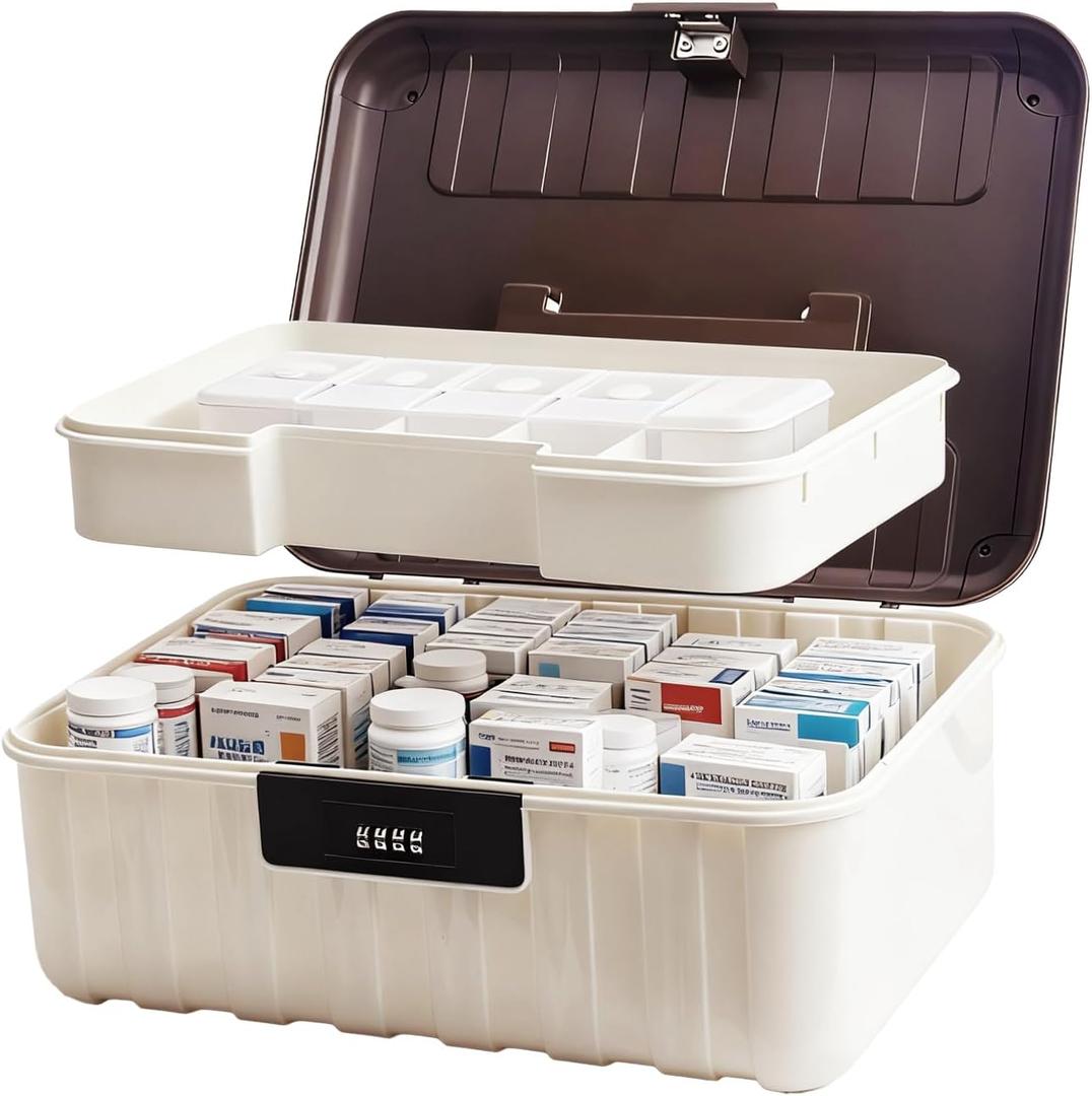 PENCK Large Lockable Storage Box, Plastic Storage Container with Code, Medication Lock Box, Stackable Secure Organizer for Office Home, White&Coffee