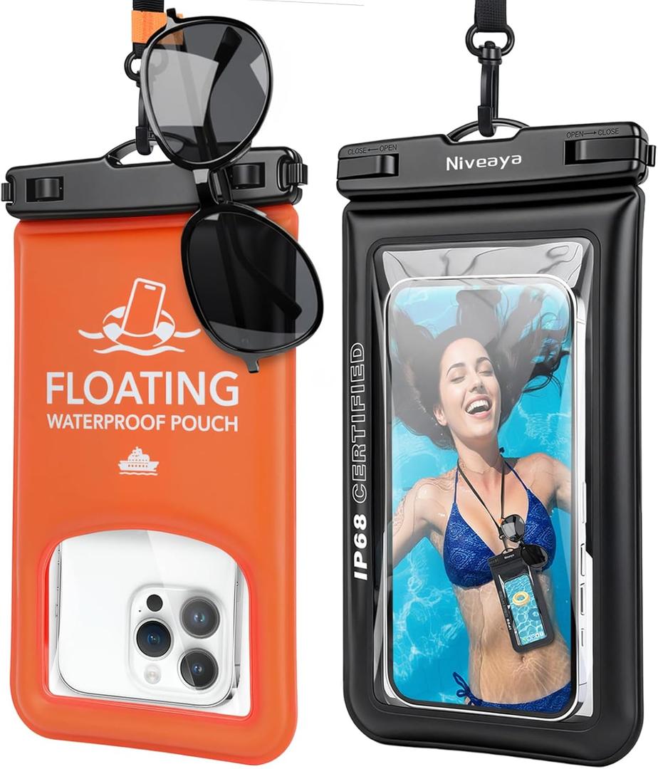 Niveaya Floating Waterproof Phone Pouch, IP68 Waterproof Phone Case with Lanyard for iPhone 17 16 15 Pro Max, Galaxy S25 24 Ultra, Cellphone Dry Bag Beach Cruise Essentials(up to 8.5"-2 Pack)