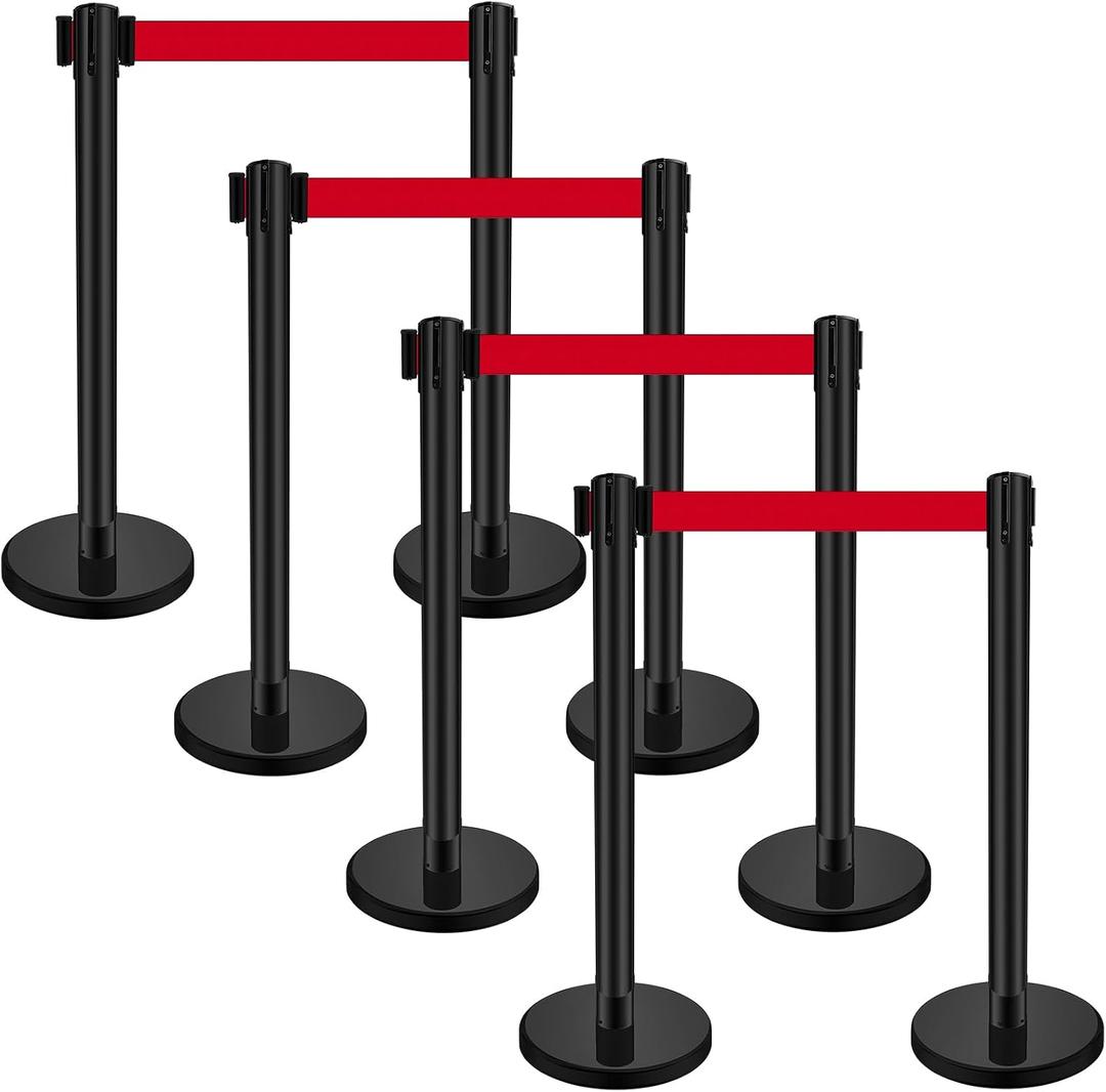 Ferraycle 4 Sets Stanchions with Retractable Belts in 6.6 ft Stainless Steel Crowd Control Stanchion Retractable Belt Barrier Line Dividers for Crowds Queue Line Pole, Easy Assembly (Red Belt), One Size
