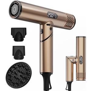 Professional Ionic Foldable Hair Dryer, Brushless Motor 110,000RPM Powerful 1600W Fast Drying Low Noise Blow Dryer with 2 Concentrator Nozzle 1 Diffuser Attachments for Home Salon Travel