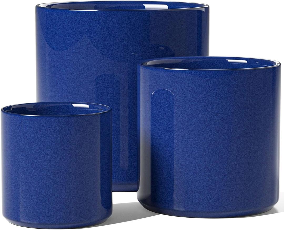 LE TAUCI 10+8+6 Inch Ceramic Pots for Plants, Indoor Planters with Drainage Hole and Plug, Modern Cylinder Flower Pots Set of 3 for Office and Living Room, Glossy, Midnight Blue, Medium