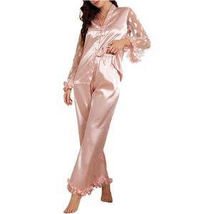 OYOANGLE Women's Satin Pajama Set Heart Mesh Sheer Sleeve Button Down Shirt and Pants 2 Piece Sleepwear Pink X-Large