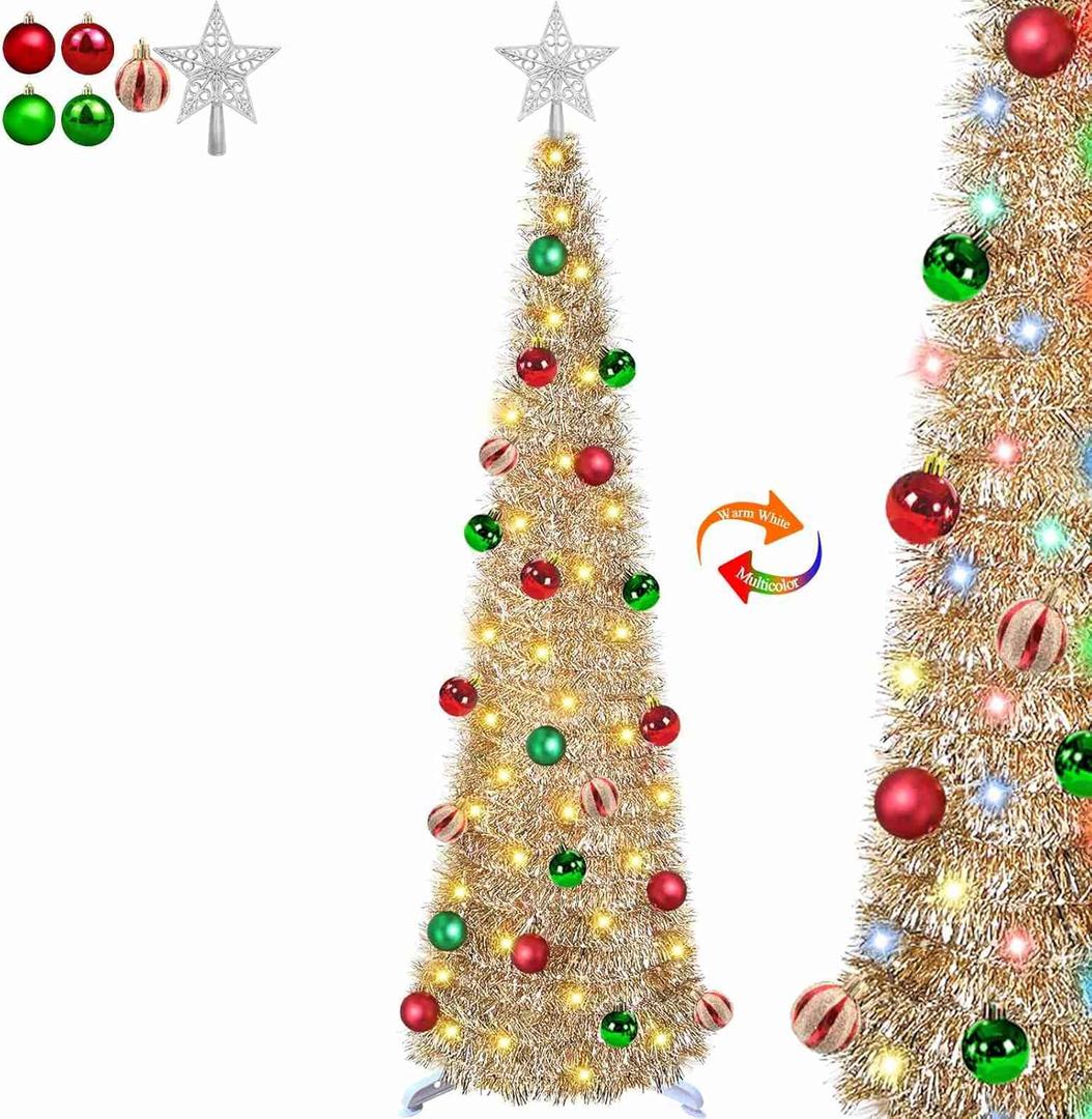 5 Ft Lighted Tinsel Pop Up Christmas Tree Happy New Year 2025 with 50 Warm White & Multicolor Changing Lights Timer 8 Mode Ball Ornaments Battery Operated Pencil Artificial Slim Tree Xmas Decoration