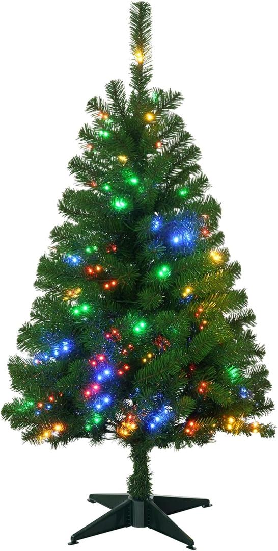 HOMCOM 4ft Tall Prelit Artificial Christmas Tree Holiday Dcor with 208 Branches, 100 Warm White or Colorful LED Lights, Auto Open (3ft 11in)