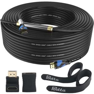 Postta HDMI Cable 100 Feet with Built-in Signal Booster HDMI 2.0V Cable with 2 Piece Cable Ties+2 Piece HDMI Adapters Support 3D,1080P,Ethernet,Audio Return-1 Pack